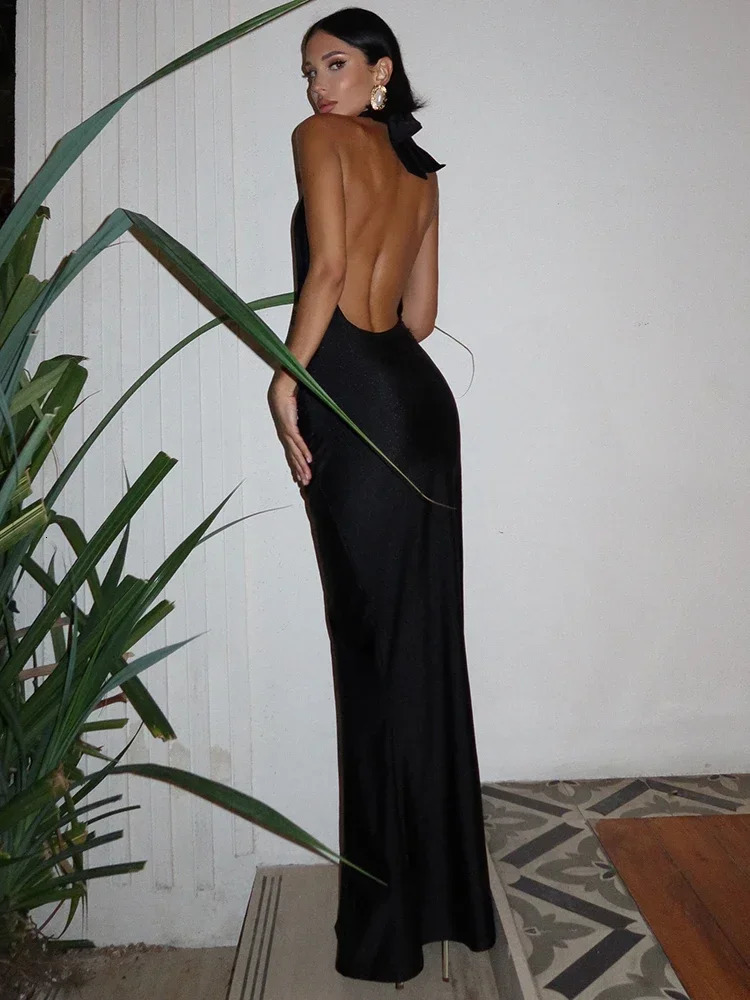 Xiaotang Halter Deep Vneck backless sexy womens long dress fashionable solid color sleeveless Bodycon club party evening 250409