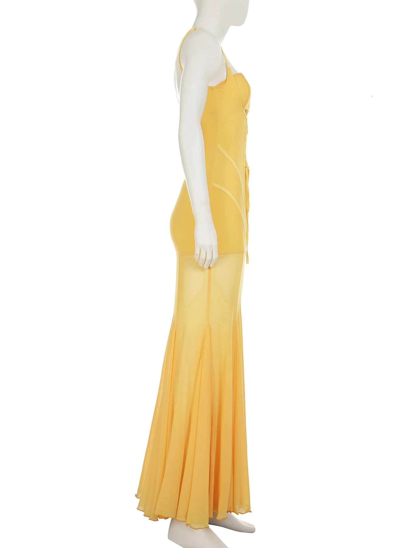 IAMSURE Holiday Hollow Horn Dress Beach Style See Through Sexy Slim Slant Neck Sleeveless Womens Long 250409