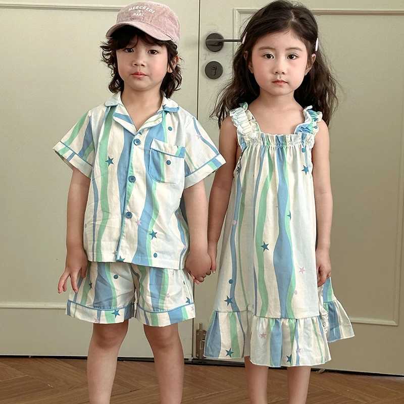 Childrens Pajamas Brothers and sisters Summer Family Clothing Boys Shirts Pajamas 2PCS Girls Pendant Dress Night City S2548