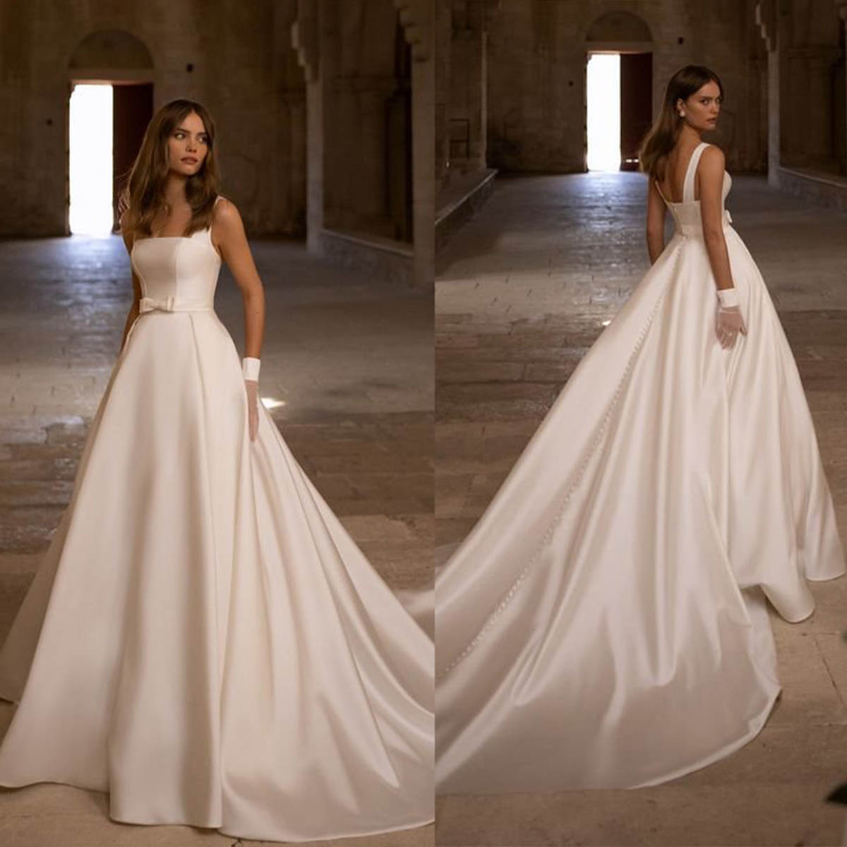 Classic A-Line Bridal Wedding Dresses Satin With Spaghetti Strap Floor-Length Plus Size For Special Occasion Vestido de novia