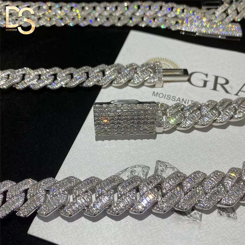 New Fashion 15mm Hip Hop Mens S925 Silver Plated Moissanite Diamond Iced Out Cuban Chain Necklace