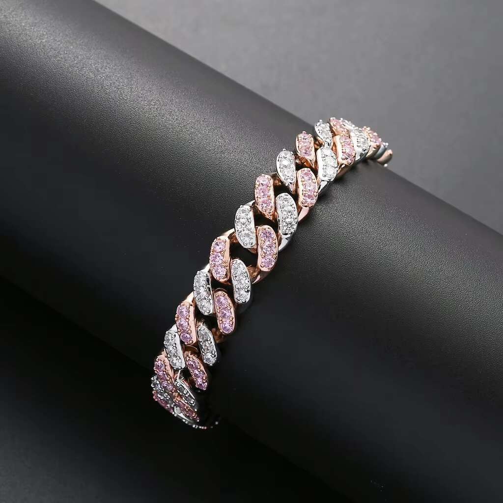 Colorful Rainbow Pink White CZ Miami Cuban Link Chain Hip Hop Iced Out Diamond Bracelet Fashionable Jewelry