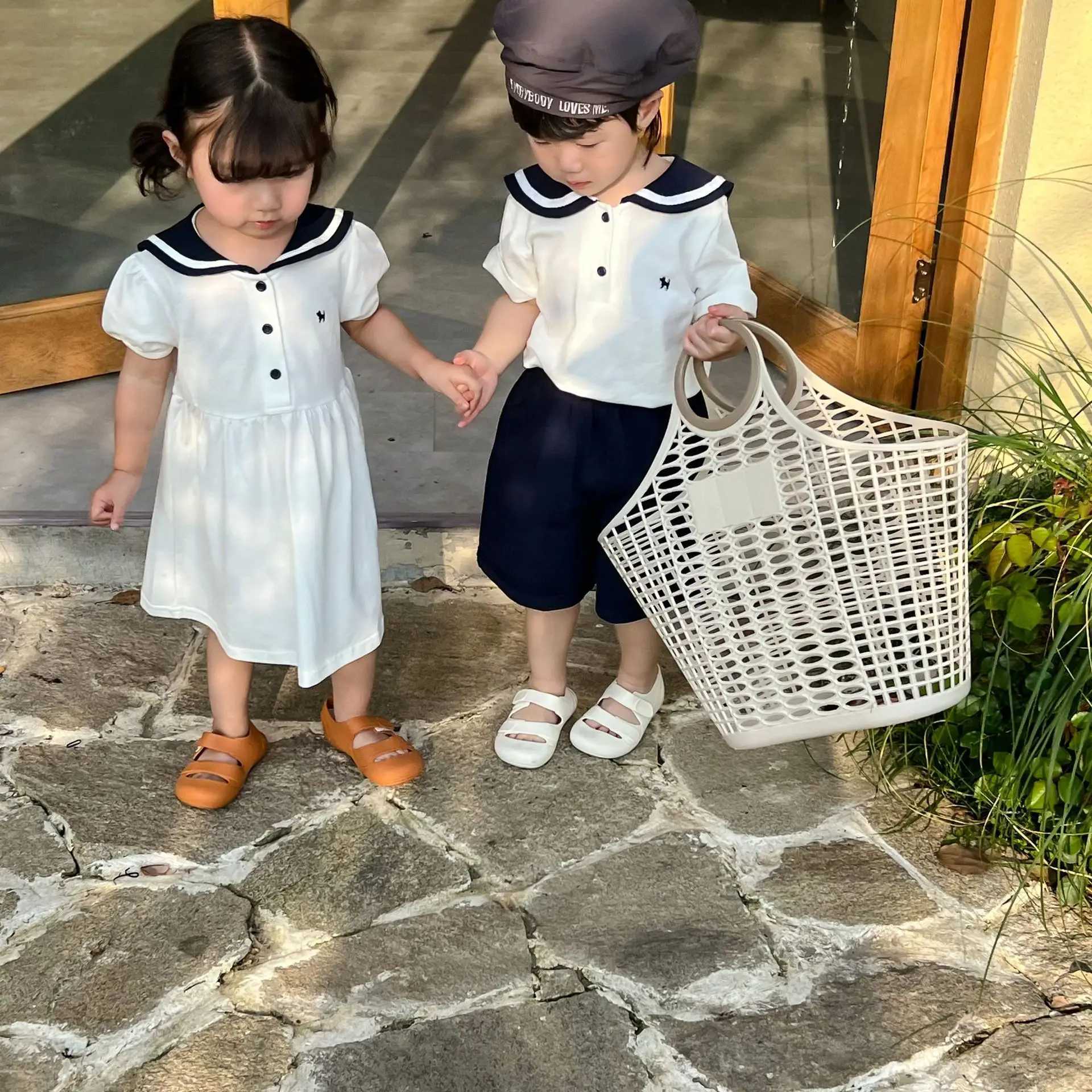 5683C Brothers and sisters Clothing 2023 Summer New Navy Style Boys Set Short Sleeve T-shirt+Short Sleeve Girls Casual Dress S2548