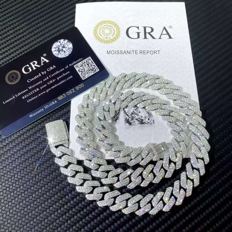 fashion Cuban chain bracelet designer necklace sterg sier GRA Certificate hip hop 15mm double row iced out moissanite chains dia cuban k with box