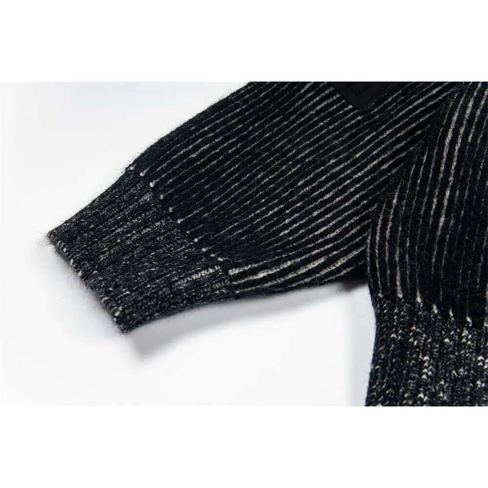 Patchwork Striped Knitted Cardigan Mens Spring High Street Pocket Stand Collar Long Sleeve Sweatercoat Men