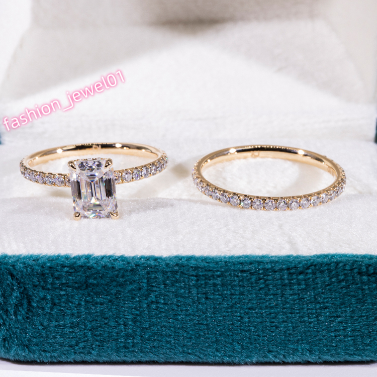 Fashion 2CT Emerald Cut Hidden halo 10K Gold Moissanite Diamond Ring with Eternity Wedding Band Jewelry Set