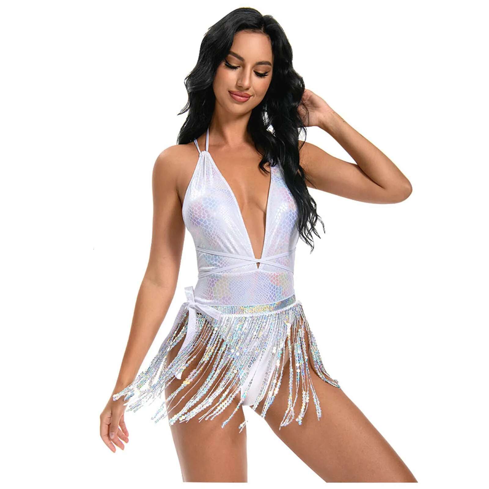 Dongdumaoyi Sexy Bikini Set Pole Dance Costume One Piece Bodysuit Backless Tassel Hip Scarf Beach Party Rave Outfit Gogo Dancer Suit White