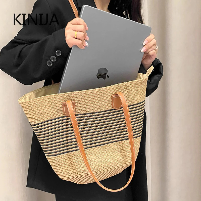 Summer striped handbag straw bag womens beach outdoor travel vacation large capacity shoulder 250408