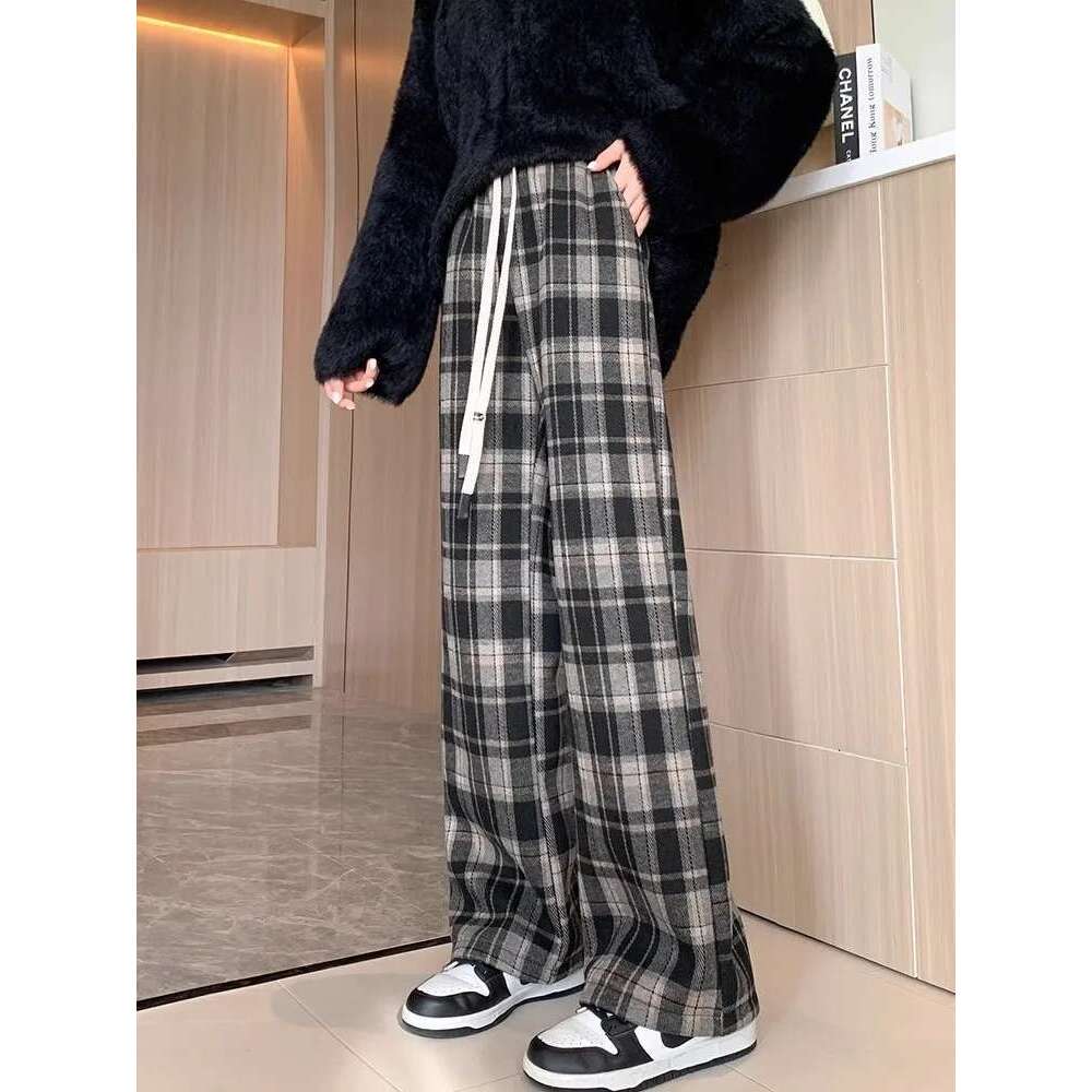 Fluffy Plaid Wide For Women, Autumn And Winter Retro High Waisted Lazy Casual Slim Straight Leg Pants