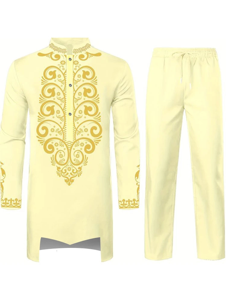 Muslim robe pattern printed in black and white Yellow Sea Army blue long sleeved mens clothing 3D Arab 250409
