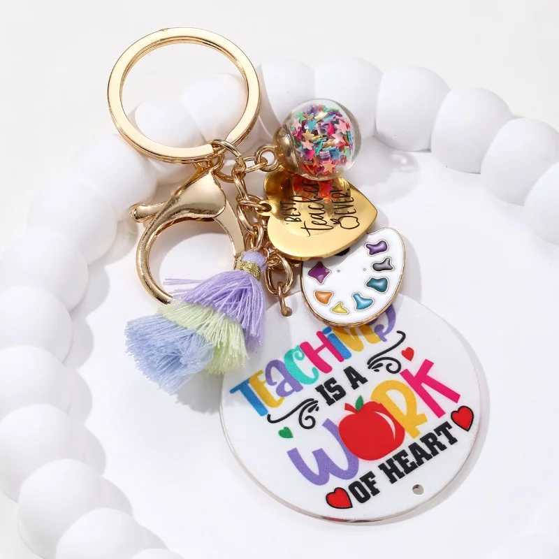 Glass Acrylic Best Teachers Work Keychain Pencil Heart shaped Ruler Keyring Female Teacher Gift Handmade Jewelry SetXJ250409