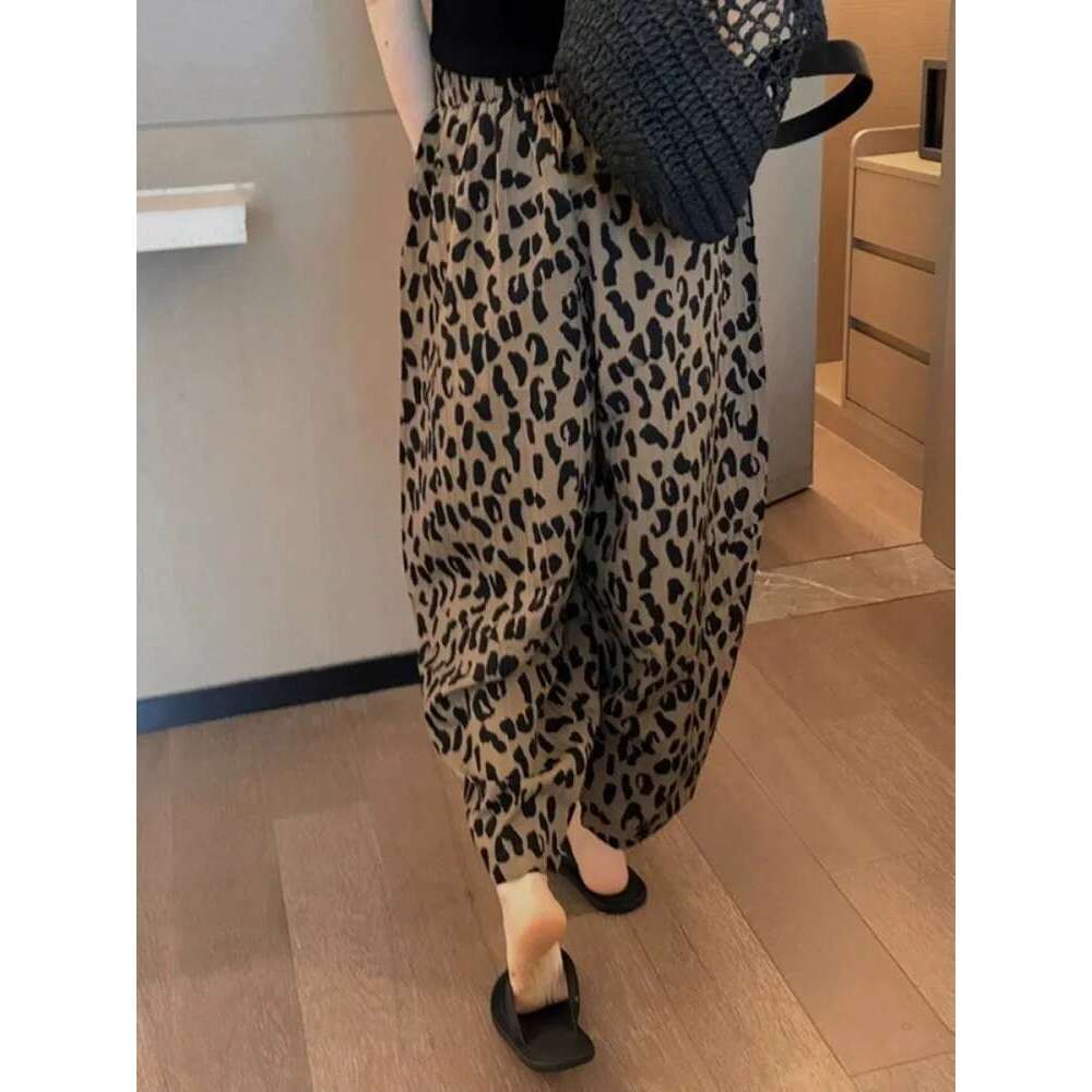 Leopard Print Wide Leg Cropped For Women's Summer Chiffon Loose Elastic Waist Thin Casual Harlan Pants