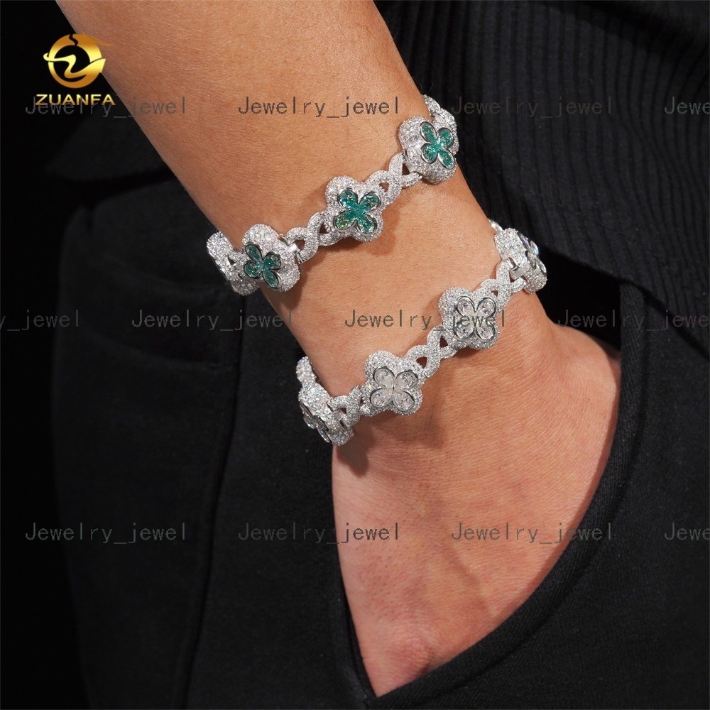New Style Clover Infinity Pear Shape Blue Green Moissanite Diamond 925 Sterling Silver Mens Bracelet