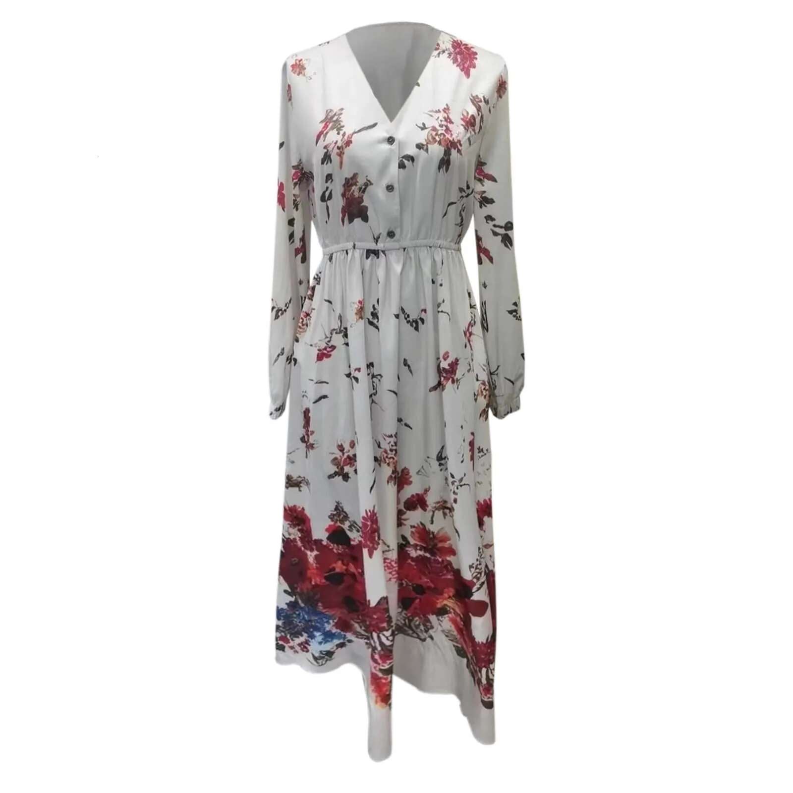 Dongdumaoyi Vintage Pattern Printed Long Sleeved Women S Dress Casual V Neck High Waist Pleated Autumn Elegant Loose Bohemian Dresses