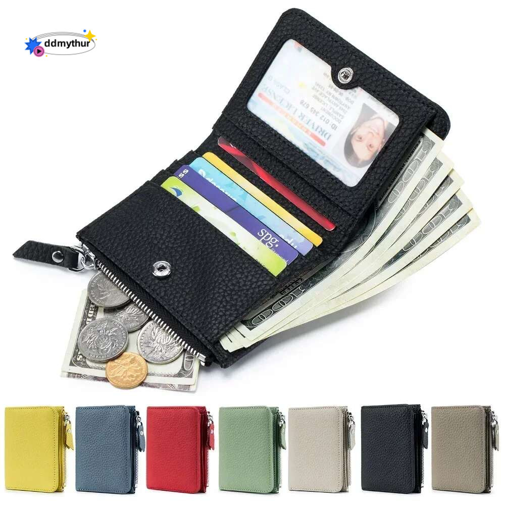 Men Women Earphone Pouch Genuine Leather RFID Short Wallets Card Holder Bag Portable Cowhide Small Zipper Money Coin Purse for ddmythur