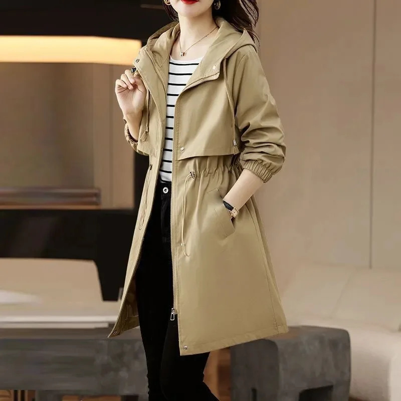 Spring and summer womens zipper windproof cover ultrathin hooded jacket solid color casual medium long trench coat 250409