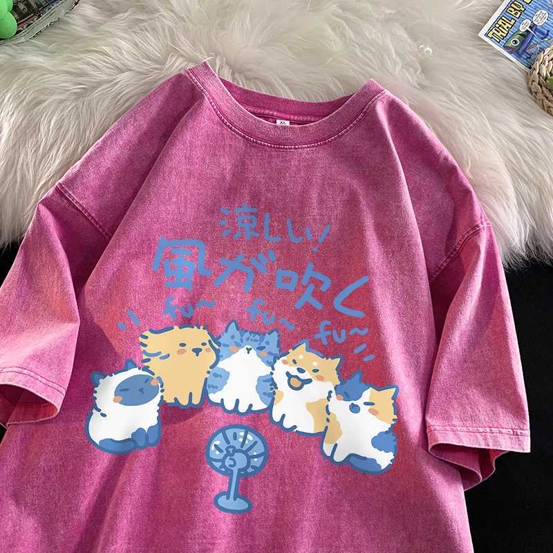 Cold wind summer loose short sleeved T-shirt for men boys cats and dogs summer cartoon cotton fun retro washed T-shirtXJ250409