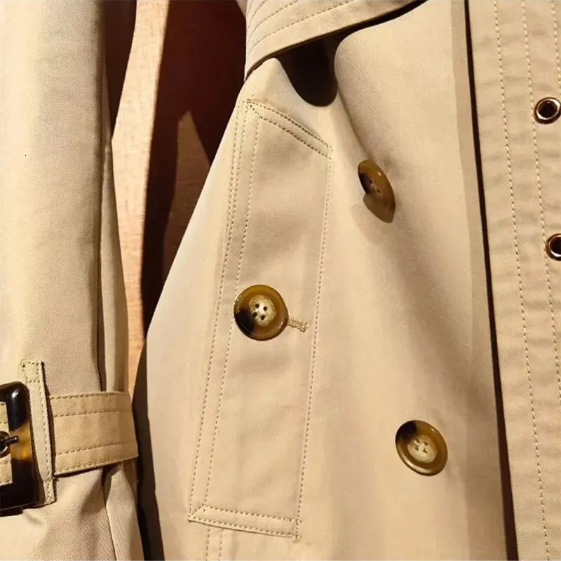 Waterproof British womens trench coat elegant khaki double chest casual slim fit short top 250409