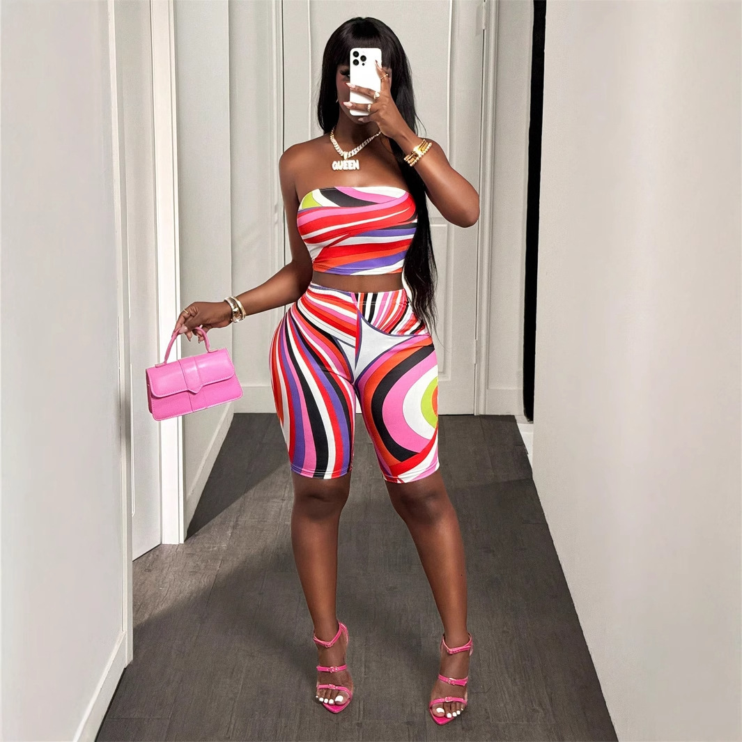 2025S Designer Women S Set Summer Fashion Color Contrast Printed Sexy Strapless Sleeveless Top With Hip Wrap Short Set