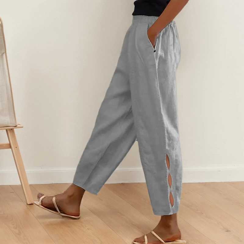 Retro pure cotton linen pants spring summer elastic waist pocket button side Trouser legs hollow Trouser womenXJ250403