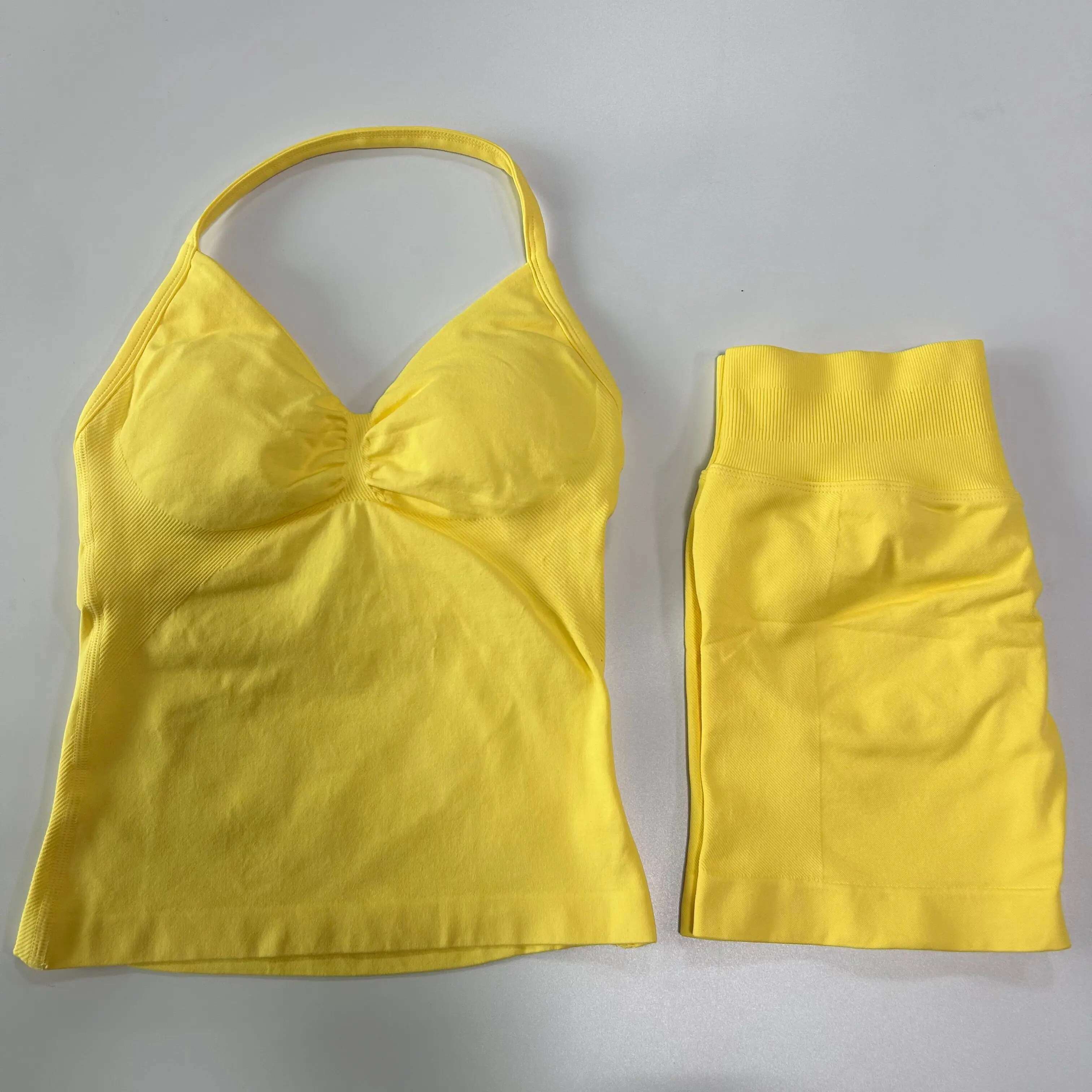Impact Solid Color Yoga Set 2 with Cami Top and Ribbed Seamless Shorts 4-Way Stretch for Summer Fiess Pilates Gym