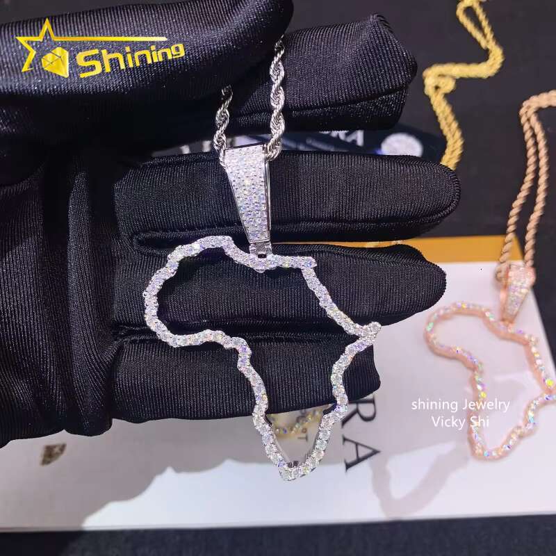 Hot Selling New Design Hip Hop Jewelry S925 Silver Gold Plated VVS Moissanite Diamond Map Pendant for Necklace