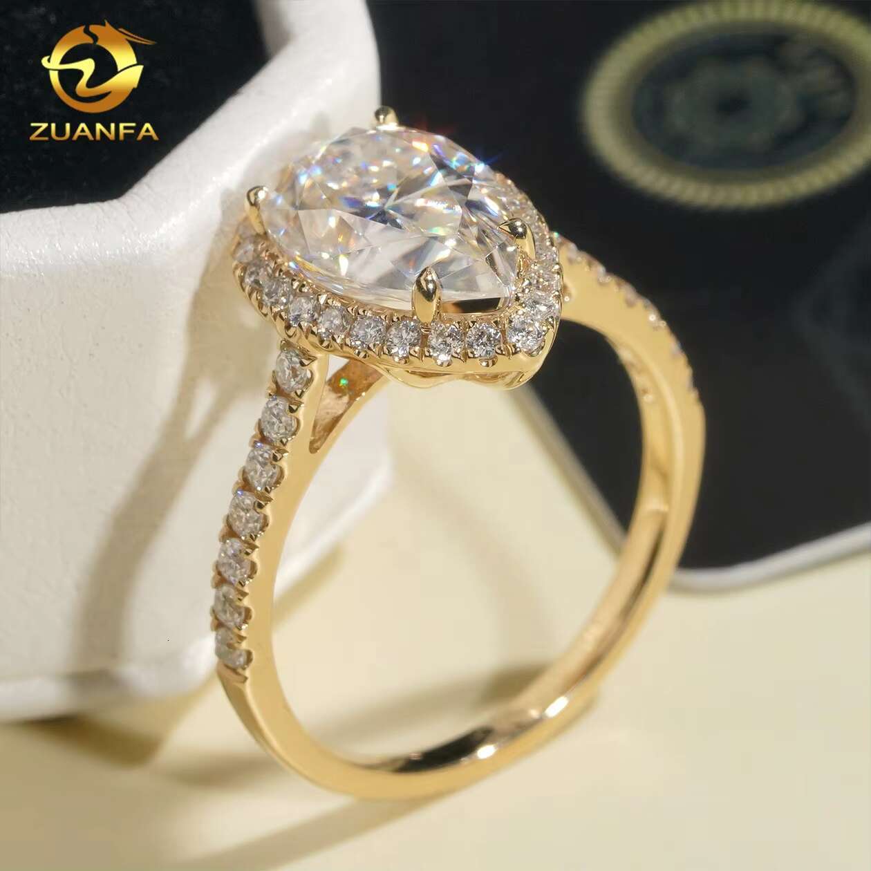 Zuanfa Jewelry 14K Solid Gold 7x11MM 3CT Halo Pear Moissanite Engagement Ring Custom Women Fine Wedding Rings