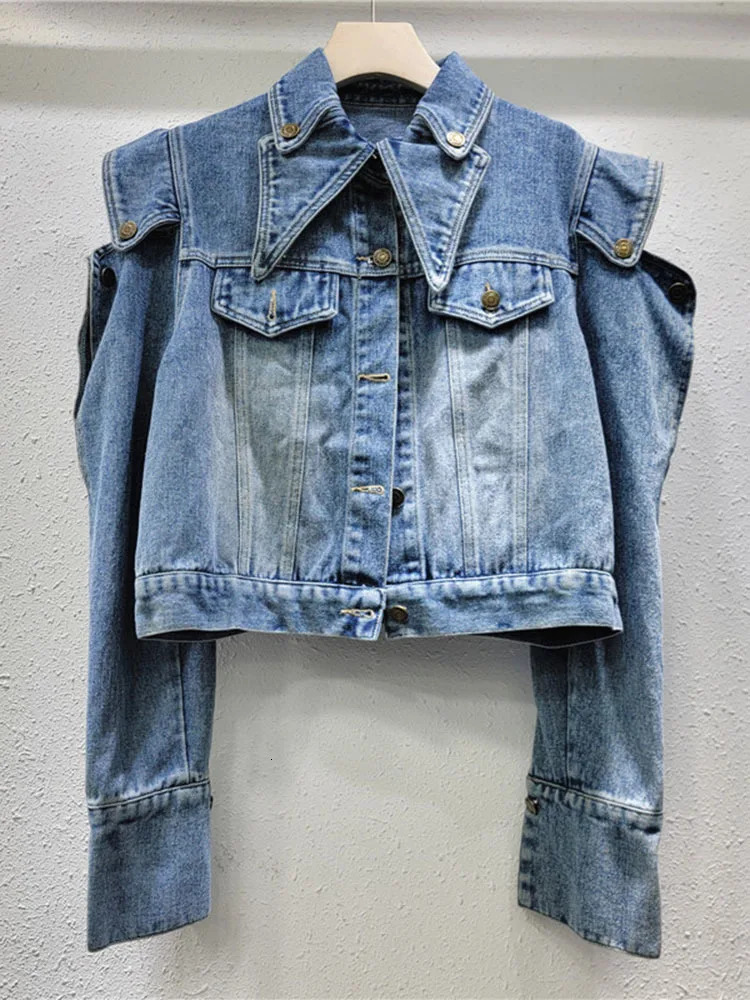 DEAT trend womens ruffled shoulder n denim jacket autumn fashion lapel long sleeved 33A1708 250409