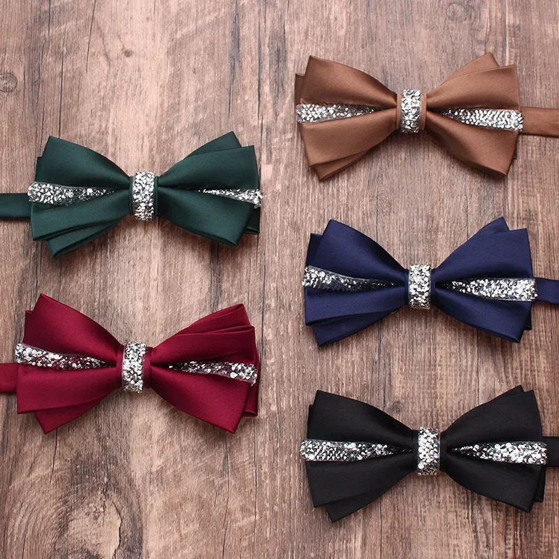 Solid color diamond inlaid double-layer business bow mens and womens wedding banquet shirt accessories bow 250407