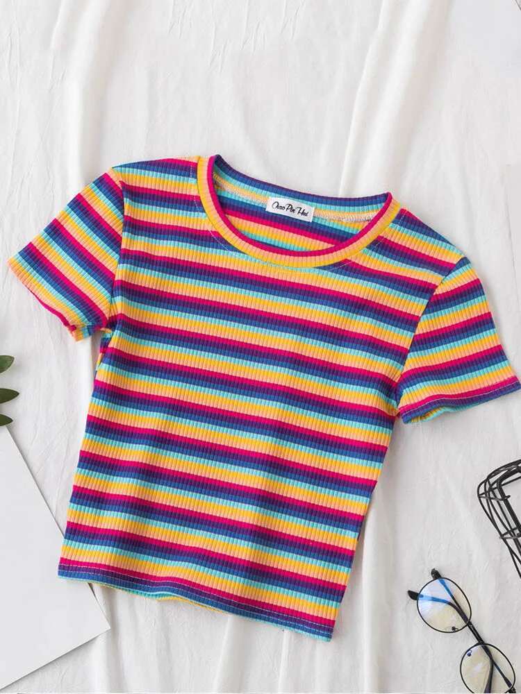 New T Shirt Women Rainbow Striped Slim Fit t shirt Haruku Tshirt Summer Short Sleeve Korean T-shirt feminina Clothes Tops