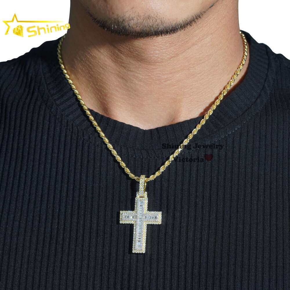 Custom Hip Hop Jewelry 925 Silver Yellow Gold Two Tone VVS Moissanite Diamond Baguette Cross Pendant for Men Women