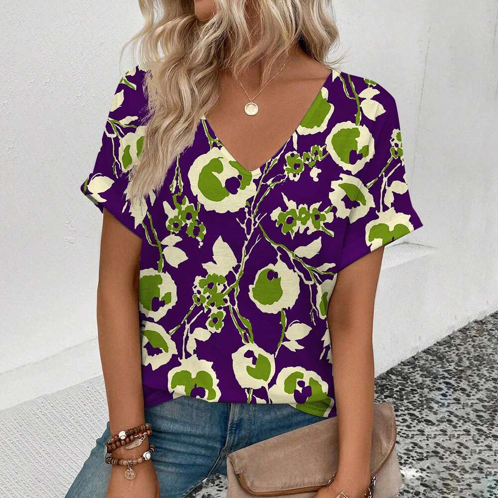 Elegant V-Neck Fashion ral Pattern Print Popular Women's Short Sleeve Summer Leisure T-Shirt