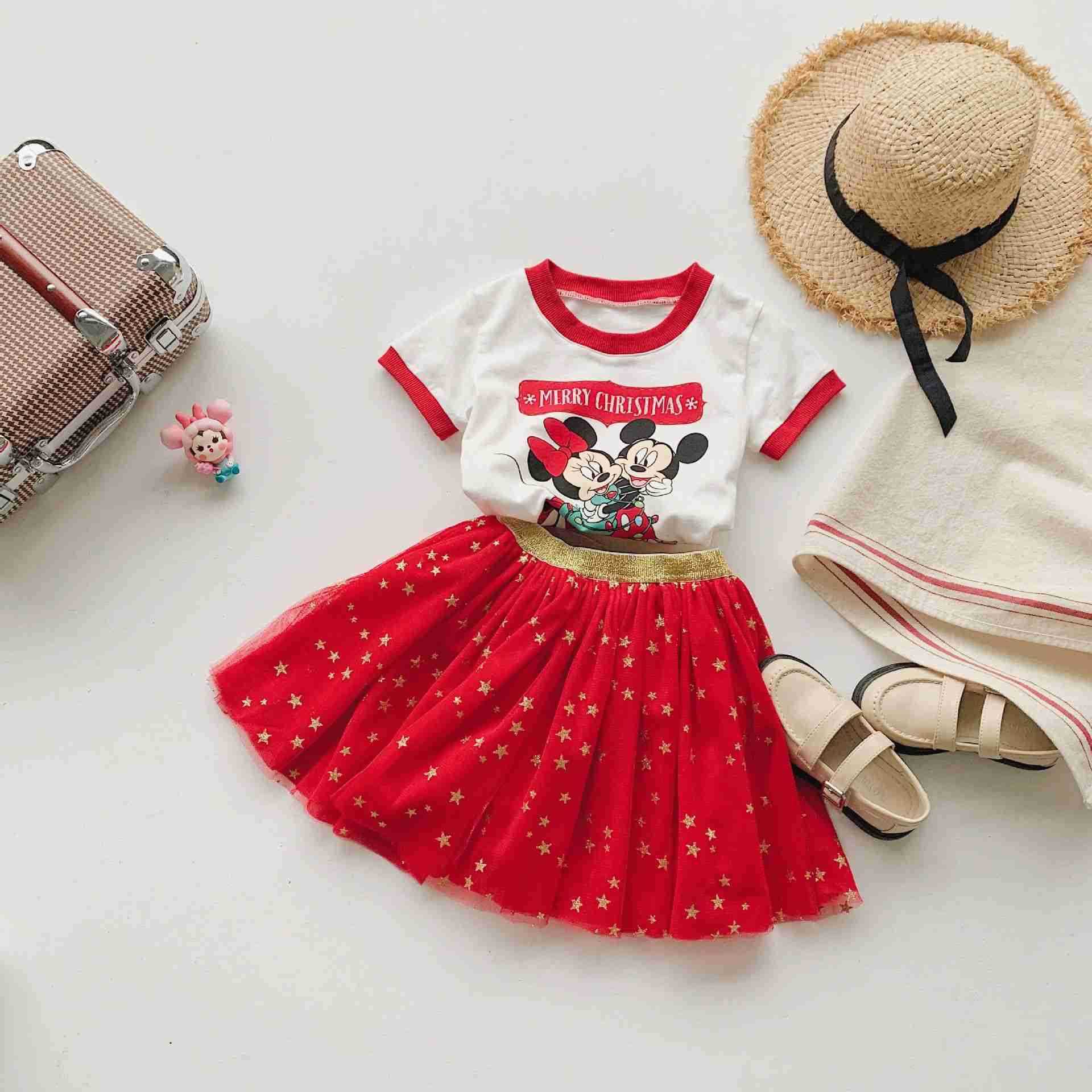 Disney 21107 Summer New Product Cartoon Printed Short Sleeve Star Mesh Red Half Skirt Girls SetXJ250409