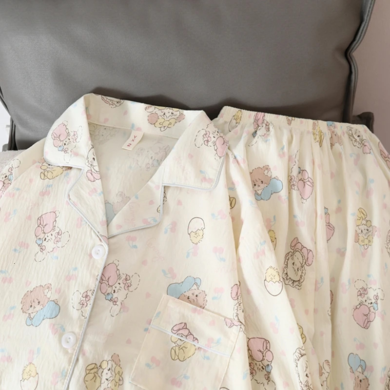 Korean Cute Cartoon Cat Printed Womens Pajamas Kawaii Casual Full Set Autumn Vneck Pajama 250409