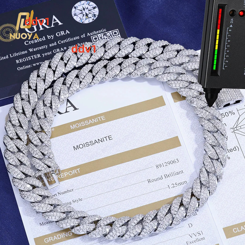 NUOYA 13MM Iced Out Chain Diamond Cuban Link Chain Necklace Men Hip Hop Shiny Vvs Moissanite 925 Silver Cuban Necklace