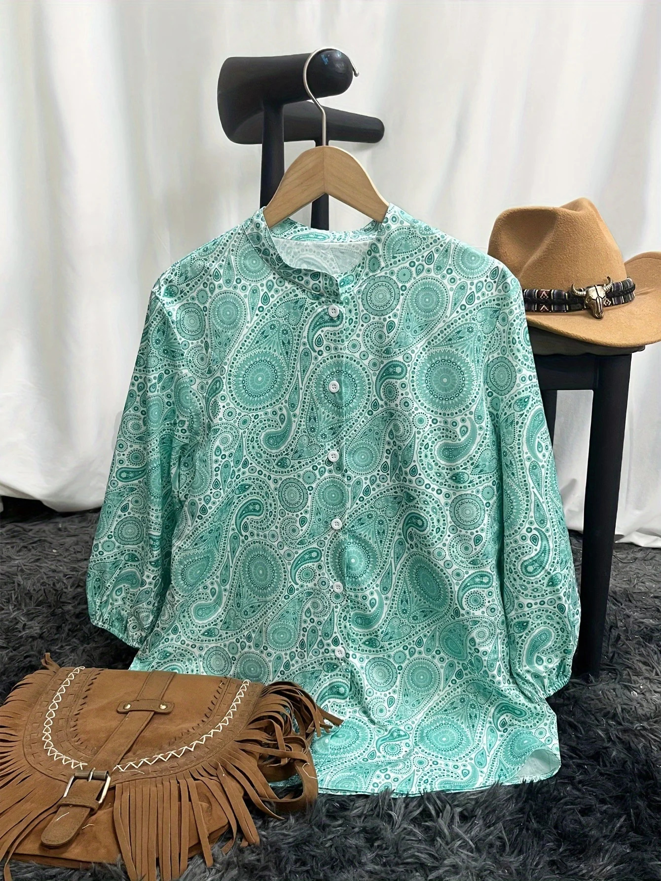 Womens Bohemian print retro Western ethnic casual onethird sleeve womens top 250409