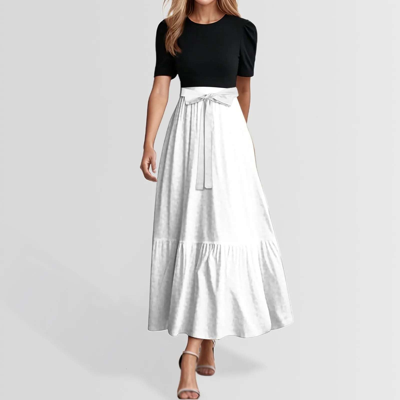 Dongdumaoyi Women S Fashion Casual Belted Short Sleeve Round Neck Geometric Splicing Elegant Spring Summer Temperament Fashionable Dresses