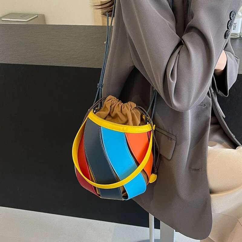 Vintage Draw String Women 2024 New Barrel Type Handbag Satchel Rainbow Design Crossbody Bag Lady Shoulder Bags Purse