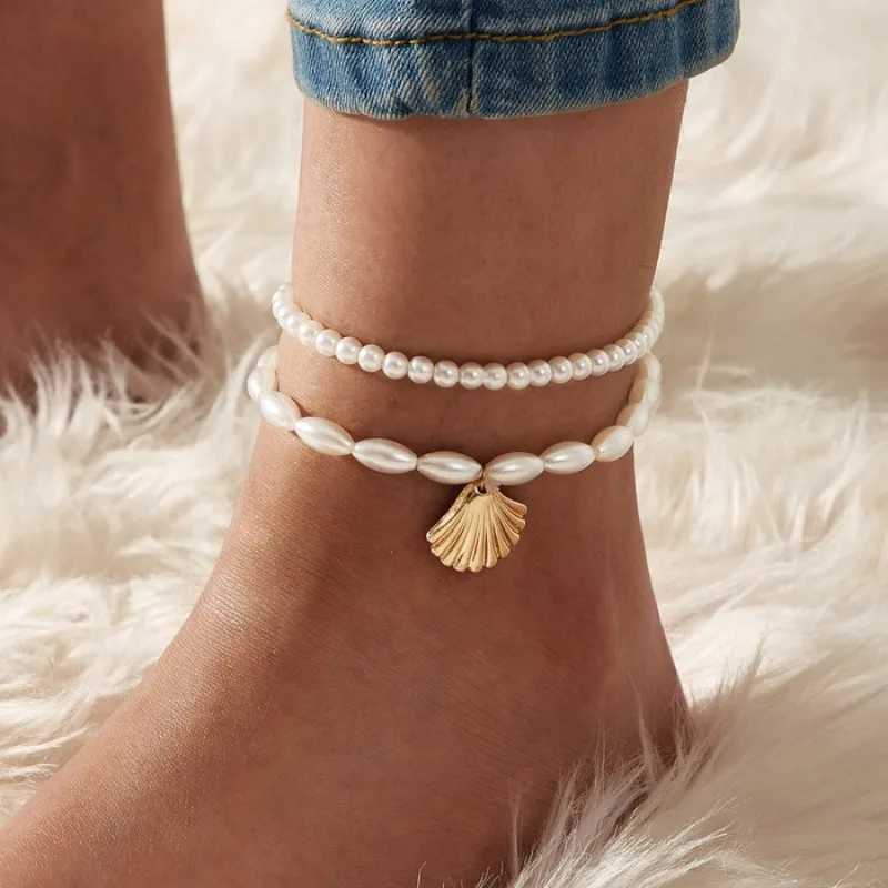 2pcs Set Creative Fashion Pearl Beaded Shell Anklet for Women Charm Retro Scallop Summer Beach Foot Accessories Jewelry Gift Z250408