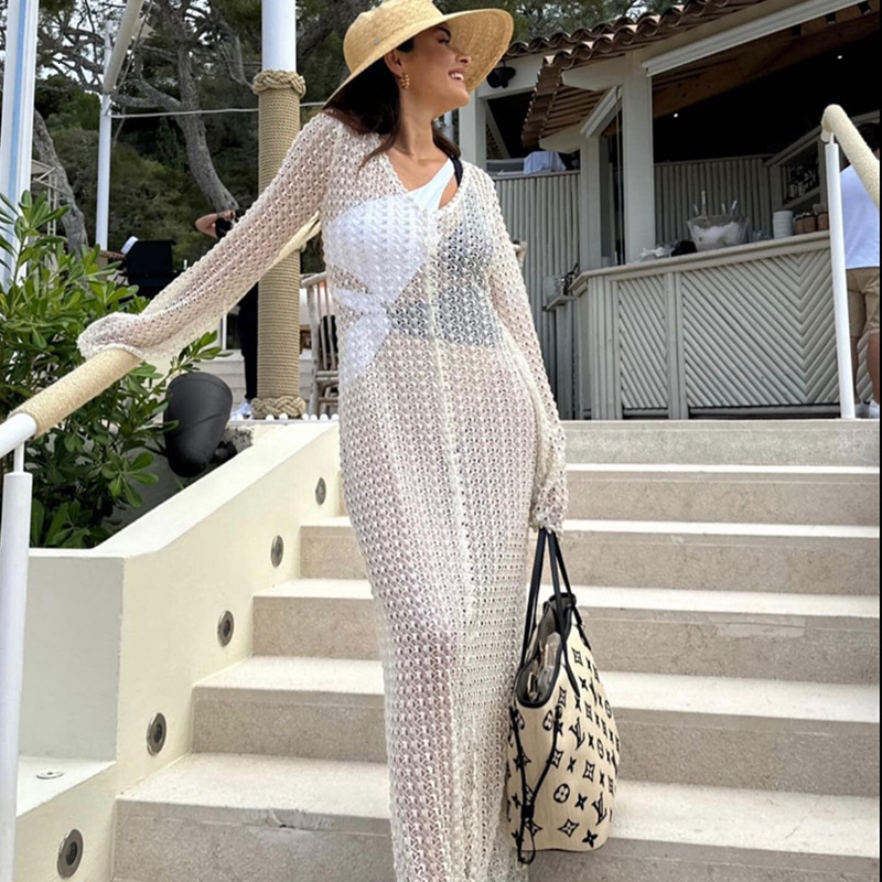 Spring New Beach Skirt Womens Solid Color Sexy Knitted Hollow Beach Bikini Swimsuit Womens Dress