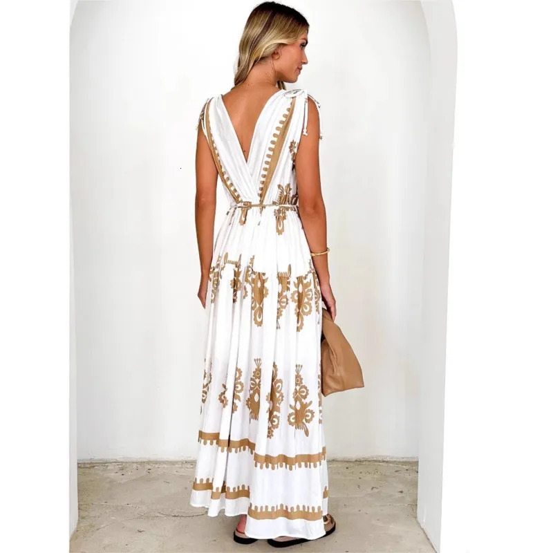 Summer fashion printed womens long skirt elegant sleeveless Vneck waist lace loose dress clothing 250409
