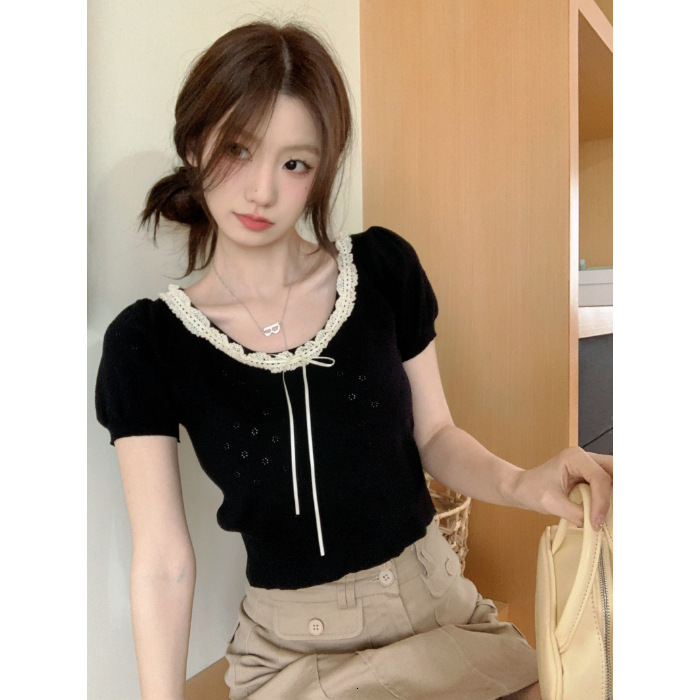 2025S Designer Women S T Shirt Summer New Lace Hollow Bow Knitted Short Sleeved T Shirt For Women S Sweet And Slim Fit Student Top Trendy
