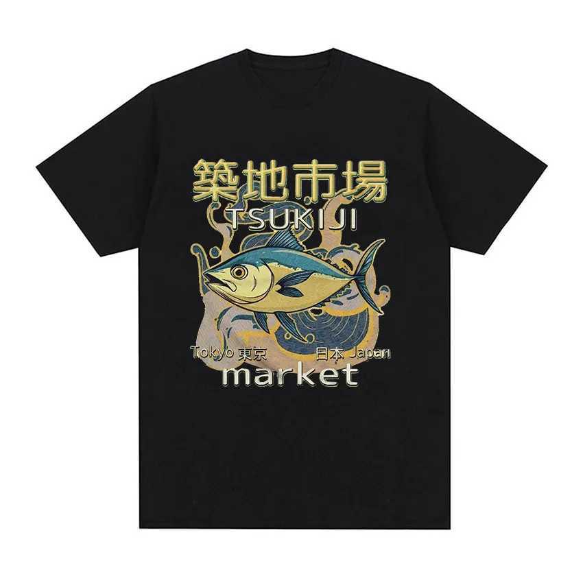 Japanese Fish Building Market Funny Meme T-shirt Mens Retro Harajuku Fashion T-shirt Summer 100% Cotton Oversized T-shirtXJ250409