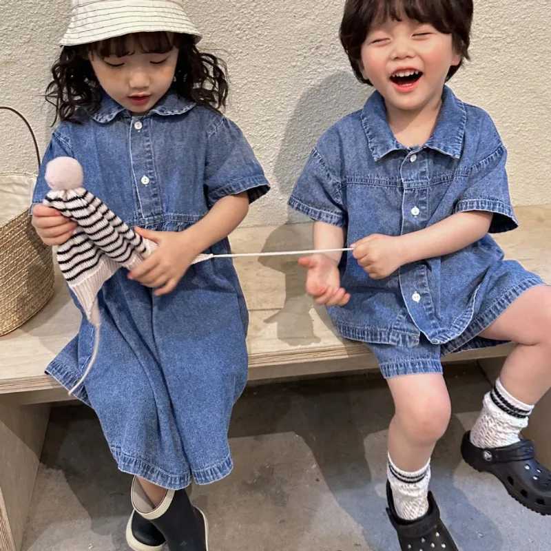 Siblings Matching Outfits Childrens Summer Denim Boys Shirt Set Girls/Short Sleeve Denim Dress S2548