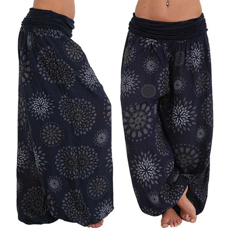 New Womens Fashion Bohemian Wide Leg Womens Pants Casual Flower Printed Loose Pants Retro Pilates Elastic Waist TrouserXJ250403