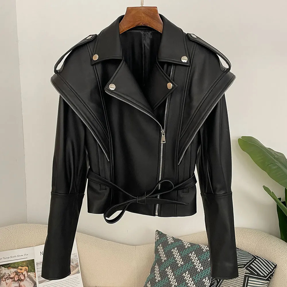 Elegant bicycle leather jacket spring genuine womens autumn shoulder n sheepskin 250409