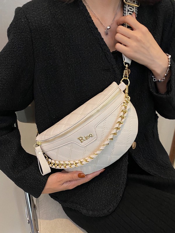 Free Shipping Black & Off-White Quilted Letter Logo Chest Bag Gold Chain Decor Fashion Waist Bag Printed Wide Strap Daily Multi-Use French Style Bag