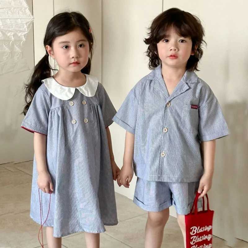 Brothers and sisters clothing summer plaid childrens lapel shirt+shorts boys 2PCS girls baby collar dress 1-8Y childrens clothing S2548