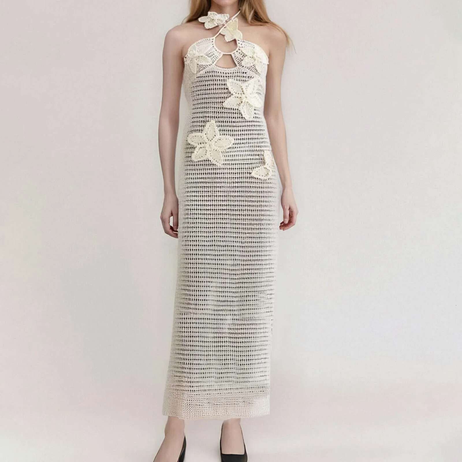 Dongdumaoyi New Knit Dress Sexy See Through Halter Women Maxi Blue Backless D Flowers Female Summer Holiday Elegant Beachwear