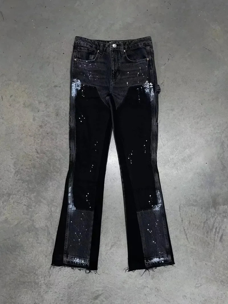 Mens Punk High Street Raw-Edge Skinny Jeans with Micro Trumpet Detail | Y2K Low-Rise Stretch Floor-Length Biker Rock Pants 2025 250408